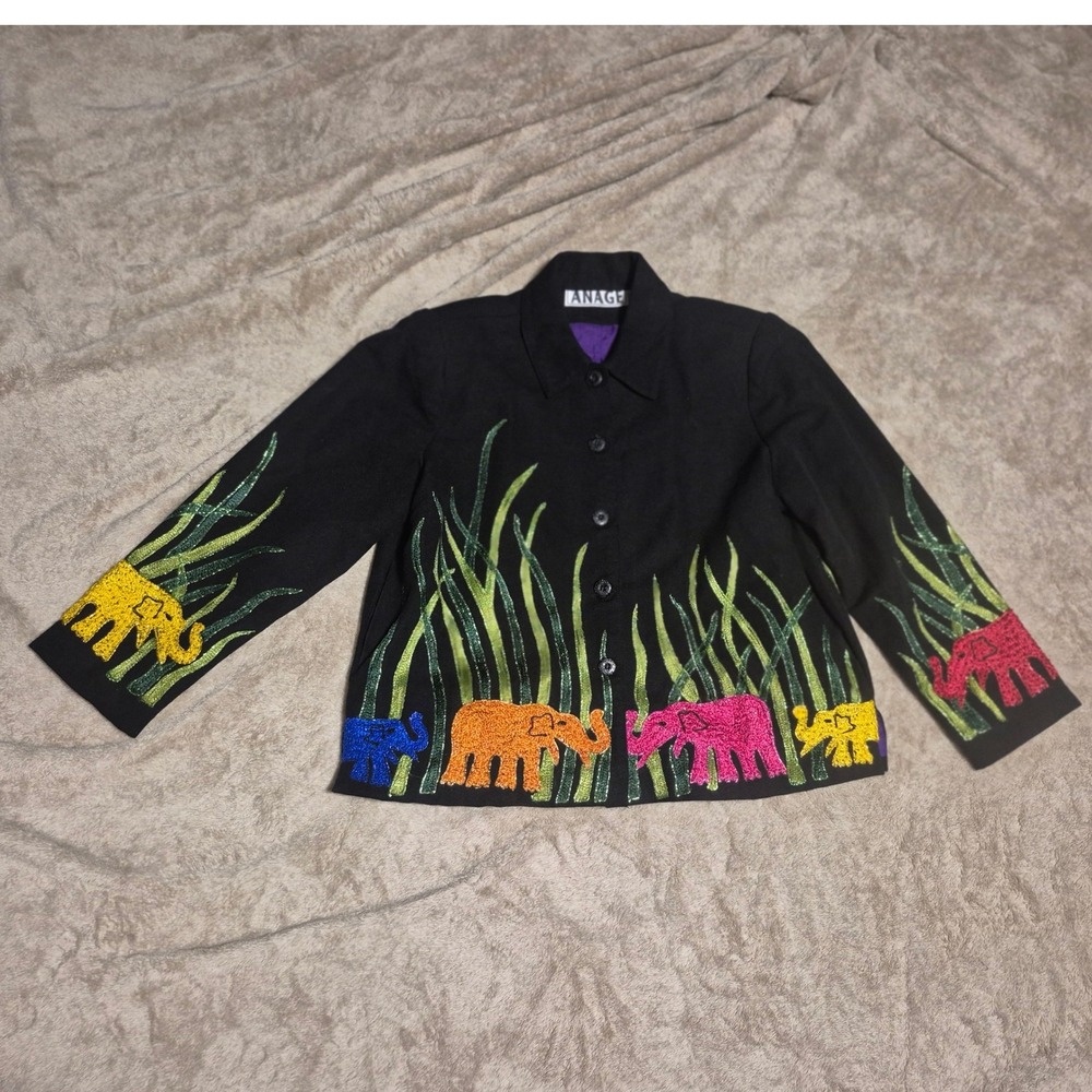 Anage Black Embroidered Elephant Safari Blazer Jacket Multi-Color Large